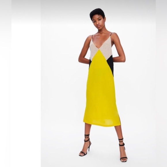 Zara Dresses & Skirts - Zara Yellow Tan Spaghetti Strap Cocktail Dress